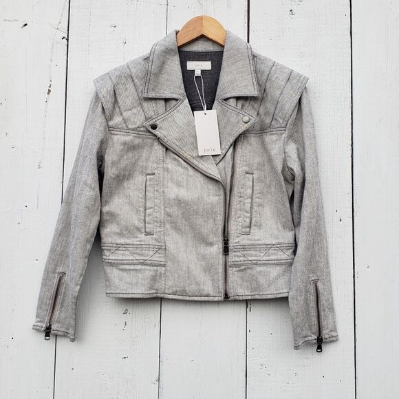 Joie Women's Ash Grey Zip Up Demin Bomber Jacket Coat Sz S Sample